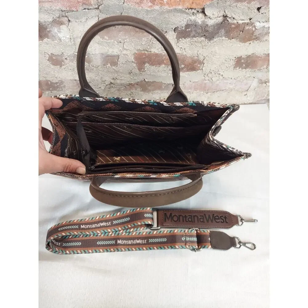 MontanaWest Womens Western Aztec Handbag Tote Shoulder Bag Brown Teal Zipper - Picture 5 of 5